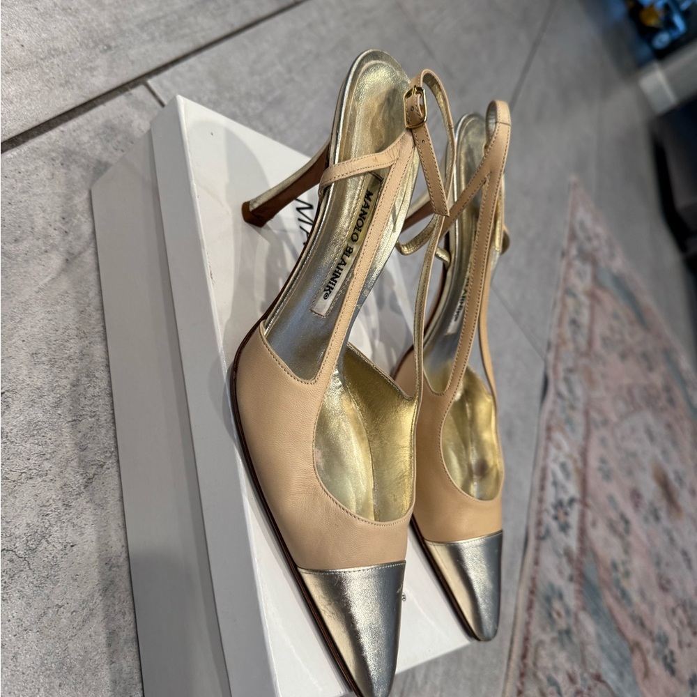 Manolo Blahnik Nude and Silver Pointed-Toe Slingback Heels - Picture 3 of 16